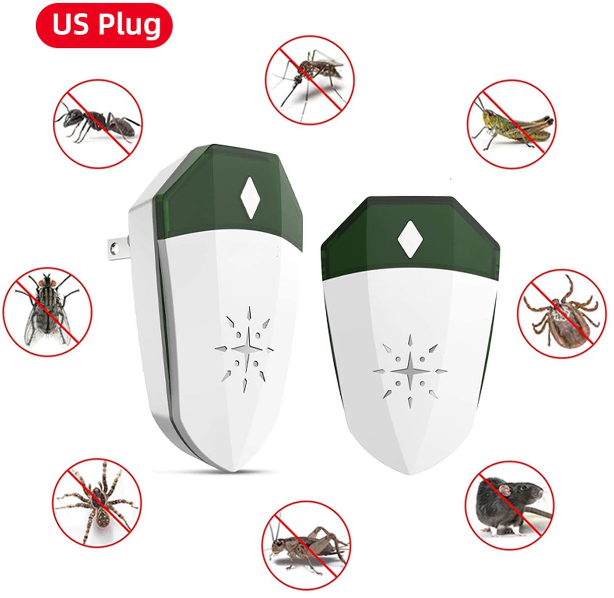 2 Stuks Ultrasone Muggenverjager– Elektronische Insecten- en Ongediertebestrijder tegen Muggen, Muis, Rat & Kakkerlak – Anti Muggen, Ongedierteverdelger, Krekels, Spin ,Met US Stekker
