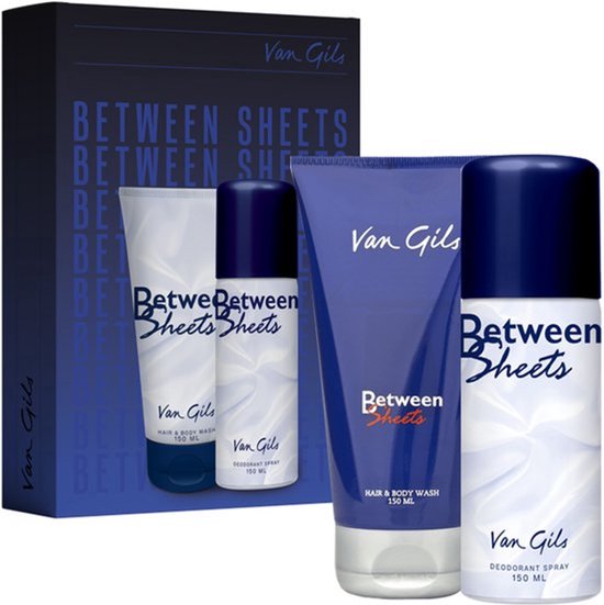 Van Gils "Between Sheets" giftset met Hair & Body Wash 150 ml en Deodorant Spray 150 ml. De geschenkdoos is blauw met witte tekst.