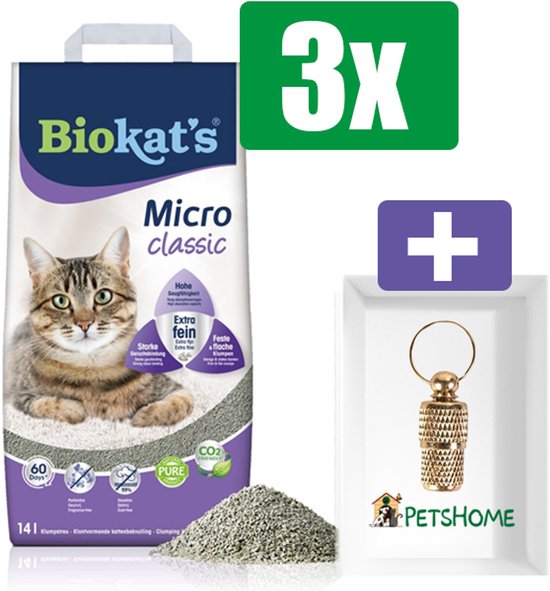Biokat's Micro classic 14ltr - 3 Zakken - Kattenbakvulling - Inclusief PetsHome Goudkleurige Adreskoker