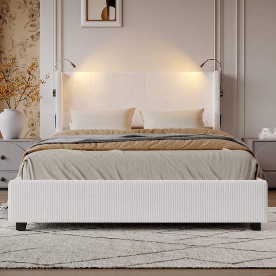 Lit Coffre Double 140x200 Cm, Avec Lumières LED Orientables, Avec Tête