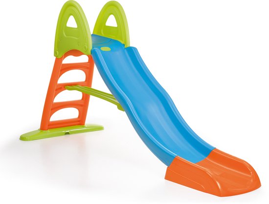 Blauwe glijbaan met oranje en groene accenten, zonder kinderen.