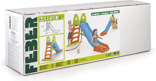 Kartonnen verpakking van de Feber Mega Slide XXL, met afbeeldingen van de glijbaan en kinderen.