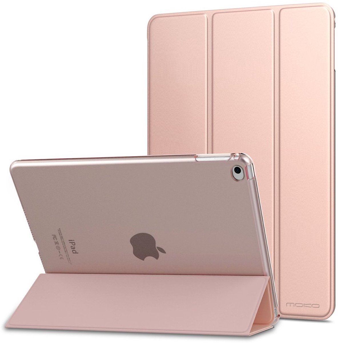 Rosegouden PU Tri-Fold PC Transparante Achterkant Hoes compatibel met iPad 6/Air 2
