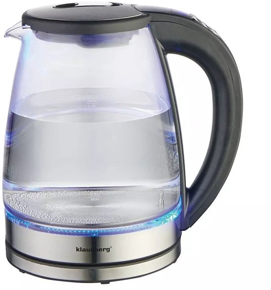 Bouilloire électrique en verre avec poignée noire et base argentée, éclairée par LED bleue.