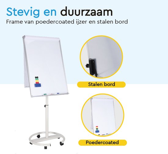 Wit flipoverbord op stevig, gepoedercoat stalen onderstel met wielen. "Stevig en duurzaam".