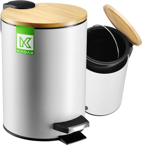 KADAX Badkamerafvalemmer, 3 l cosmetica-emmer in 5 kleuren, kleine pedaalemmer met bamboedeksel, vuilnisemmer voor badkamer en toilet (wit)