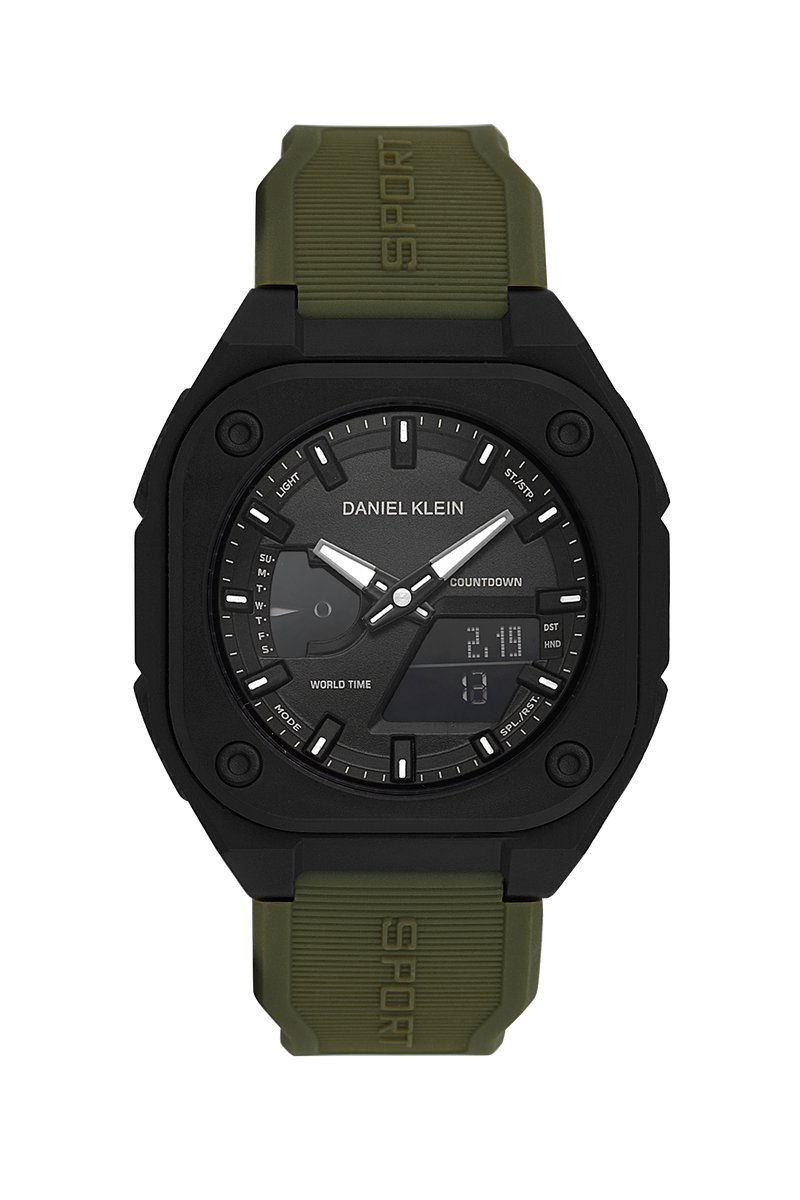 Daniel Klein DK.2328-4 - Horloge -Polshorloge - Analoog - Digitaal- Heren -Mannen - Achthoek- Rubberen band - ABS- Strepen - Reset- 12-24u - Start-Stop- Alarm -Stopwatch - Timer-Datumaanduiding - Achtergrondverlichting - Licht kaki - Zwart- Wit-Grijs