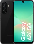Zwarte Samsung Galaxy A26 5G met 2+1 jaar garantie sticker.