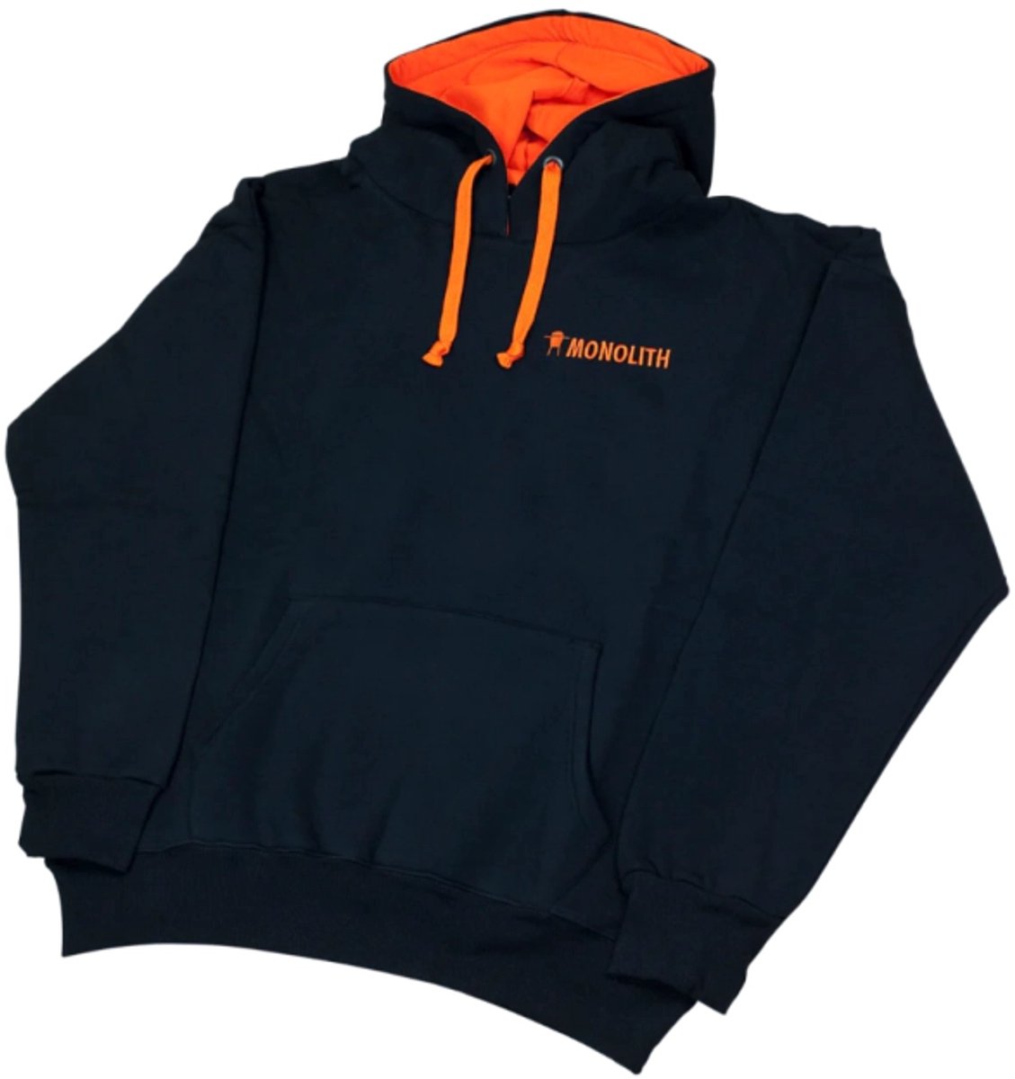 Monolith Hoodie Zwart – Comfortabele Unisex Trui met Oranje Accenten – Kangoeroezak & Capuchon – Maat L