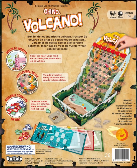 Achterkant van het spel Oh No Volcano. Speelbord, kaarten, spelregels en waarschuwingsinformatie.