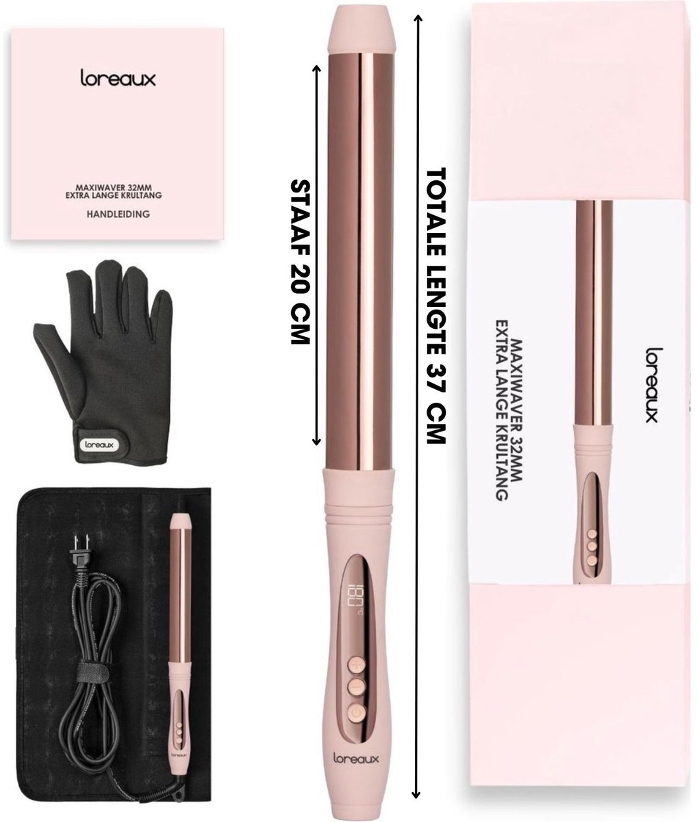 Loreaux extra lange krultang 32mm - haarkruller - 14 temp. instellingen alle haartypes - hair curler curling iron - incl. hittebestendige handschoen en opberghoes