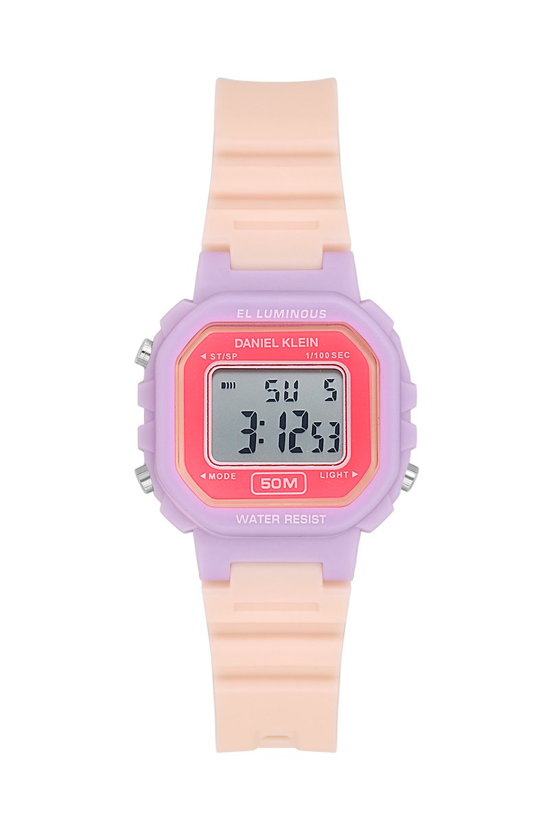 Daniel Klein DK.2326-3 - Horloge - Polshorloge - Digitaal - Afgerond Achthoek - Kinderen - Kunststof band - ABS - Alarm - Datumaanduiding - Achtergrondverlichting - Start-Stop - Moduswissel - Chronograaf - Roos - Paars - Wit - Zilverkleurig - Grijs