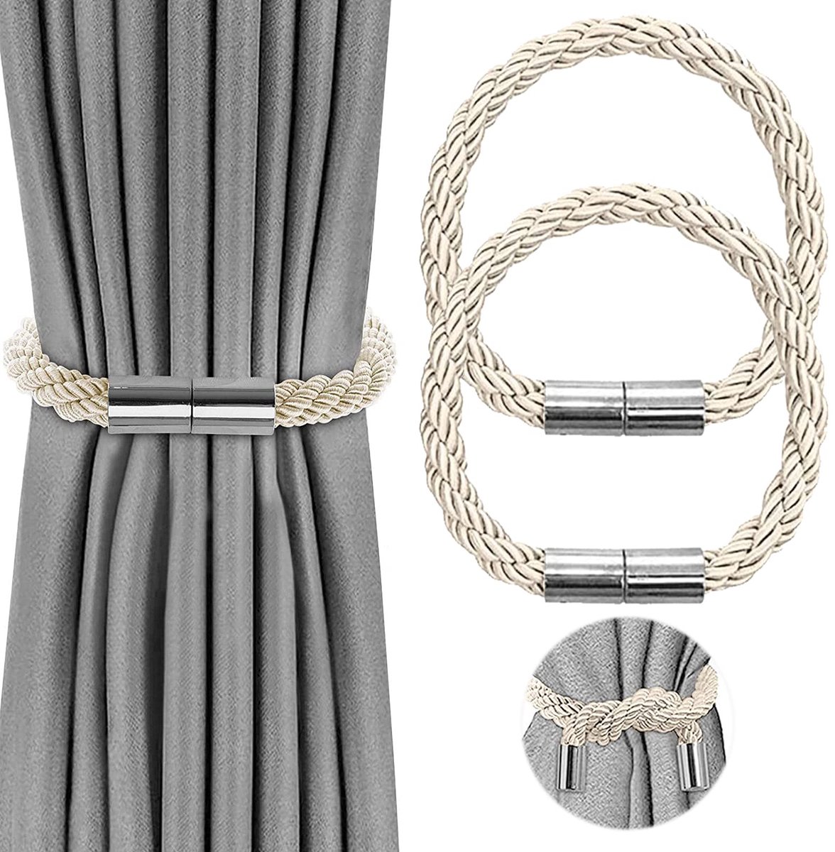 Ibenzoa® Magnetische Gordijnhouders Met Sterke Magneten Voor Eenvoudige Gordijnbevestiging En Huisdecoratie, Set Van 2, Beige