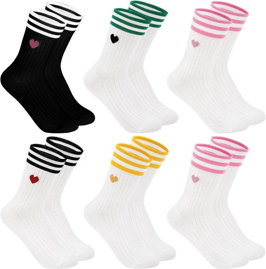 Chaussettes de Sport pour femmes et hommes - 6 paires - pointure 35-42 - Wit à rayures - Adaptées au tennis et à la course à pied