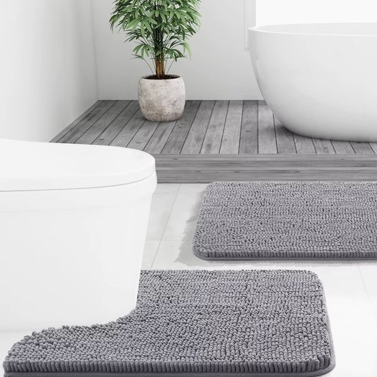 Set Badmat et tapis de toilette Grijs – 2 pièces – Antidérapant – Lavable – Accessoire de salle de bain
