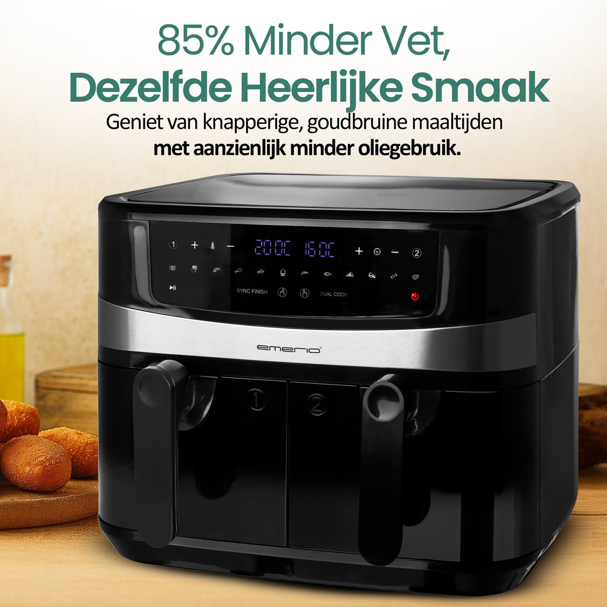 Afbeelding 3 van Emerio Dubbele Airfryer XXL 2400W - 10 Liter Heteluchtfriteuse - Regelbare thermostaat 50ºC tot 200ºC - BPA-Vrij en 9 Kookprogramma's - AF-126672.4 Zwart