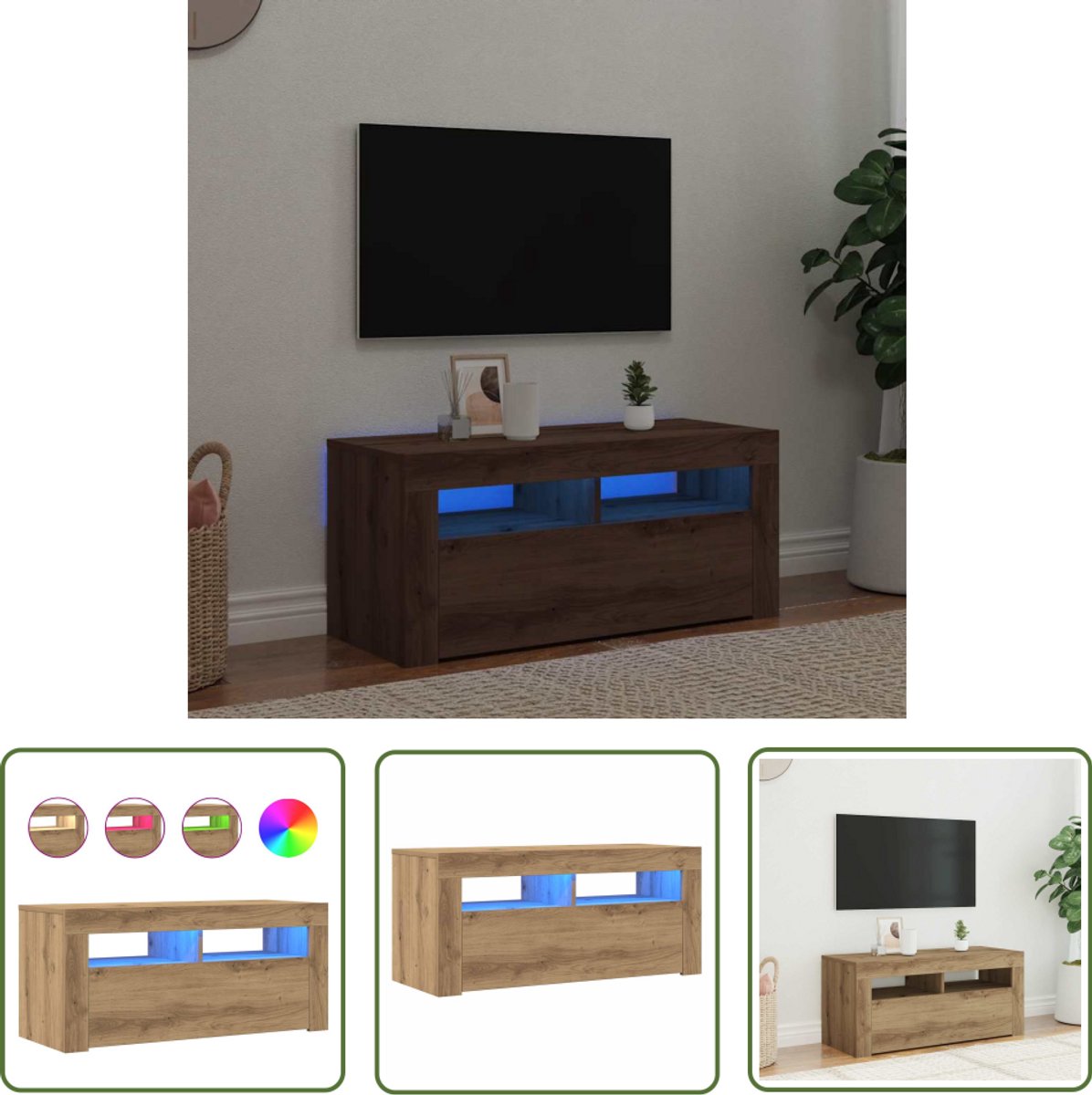 vidaXL Salontafel - Tv Meubel - Tv-meubel met LED 90x35x40 cm bewerkt hout artisanaal eiken - Houten Tv Kast - Led Tv Meubel - Rgb Licht