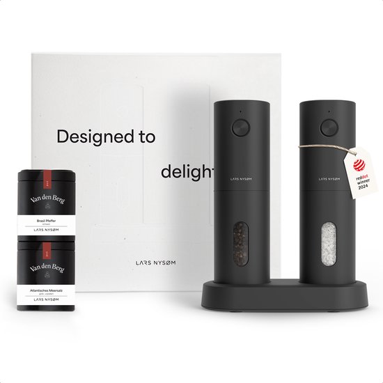 LARS NYSØM LARS NYSØM Elektrische kruidenmolens & specerijen geschenkset - Zout- en pepermolenset met 2 hoogwaardige kruidenpotjes (zout, peper) - Mooie geschenkverpakking (Carbon Black)