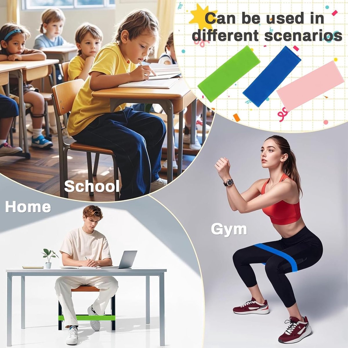 JEYORZY 6 stuks elastische banden voor kinderstoelen, elastische banden voor klaslokaal, flexibele zitriemen voor ADHD, rekbare voetbanden van natuurlijk latex, voor adhd stressvermindering
