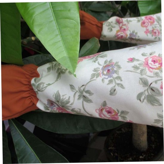 Lange tuinhandschoenen met roze en paarse bloemenprint, bruine manchetten.