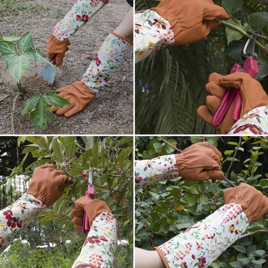 Collage van handen die tuingereedschap gebruiken, met lange oranje leren handschoenen met bloemenprint.