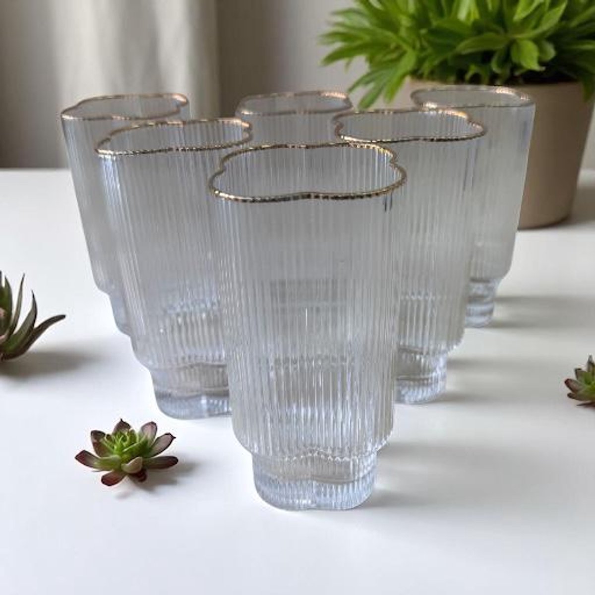 Ekselans – Klaver Longdrinkglazen met Gouden Rand – Set van 6 – 350 ml – Glas - longdrinkglas