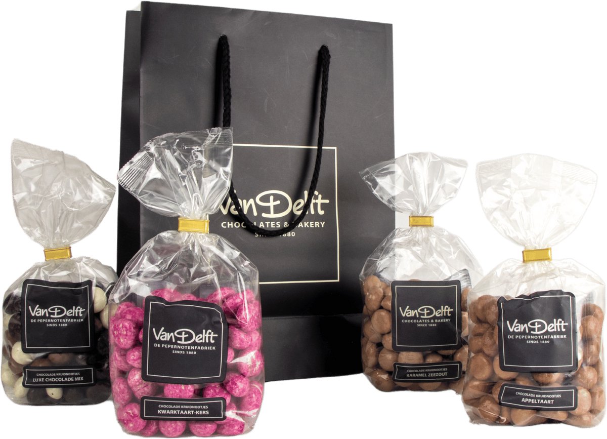 Van Delft - Cadeauset met gechocolateerde kruidnoten (4x) - Kruidnoten Cadeau - Personeelsgeschenk - Sinterklaas geschenk