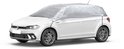 Een witte Volkswagen Polo met een zilveren Walser autohoes, op een witte achtergrond.