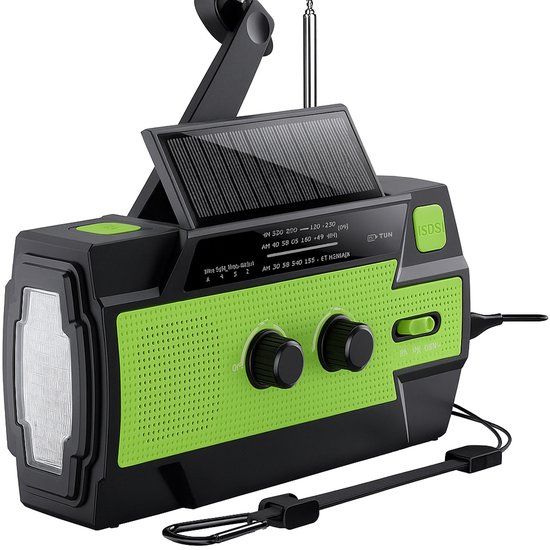 Noodradio Solar Opwindbaar en Batterij - Noodpakket - Draagbare Survival Radio - 4000 mAh - Powerbank Zonneenergie - Bouwradio - Zaklamp – Groen