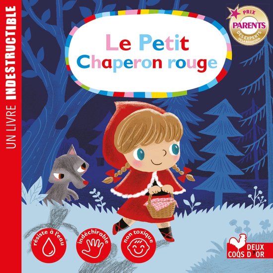 Une jeune fille en cape rouge avec un panier, regardant un loup dans une forêt. Titre : Le Petit Chaperon rouge.