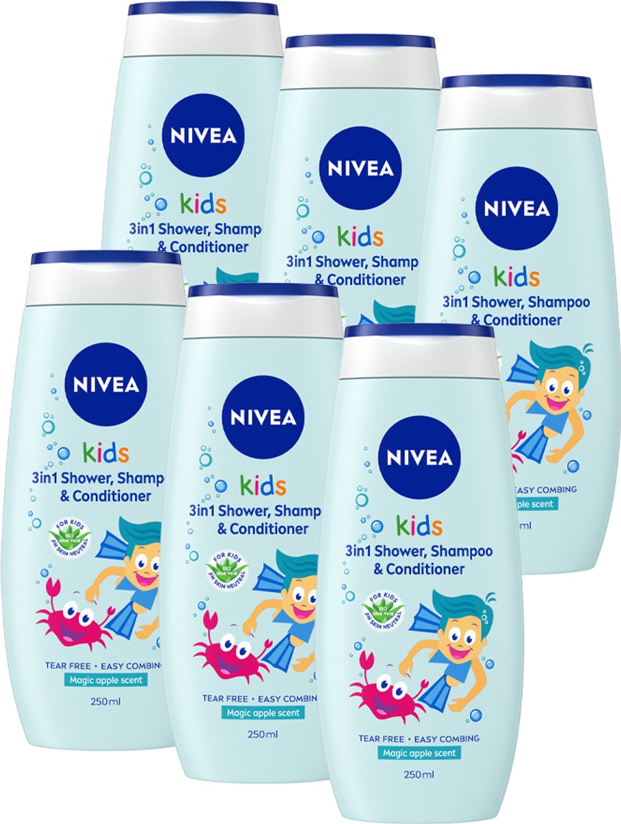 NIVEA Kids 3 in 1 Douchegel, Shampoo & Conditioner - Appelgeur - Voordeelverpakking - 6 x 250 ml