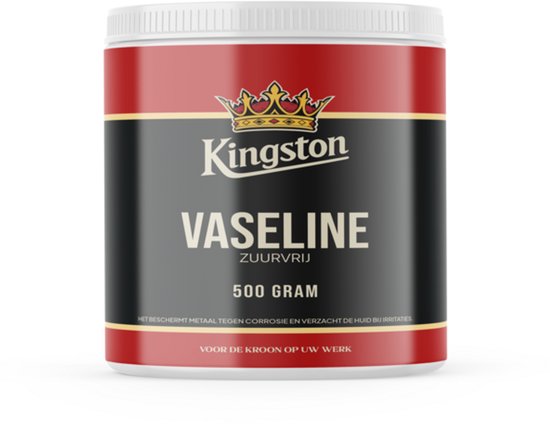 Kingston Vaseline pot, zuurvrij, 500 gram. Rode en zwarte opdruk met kroon.