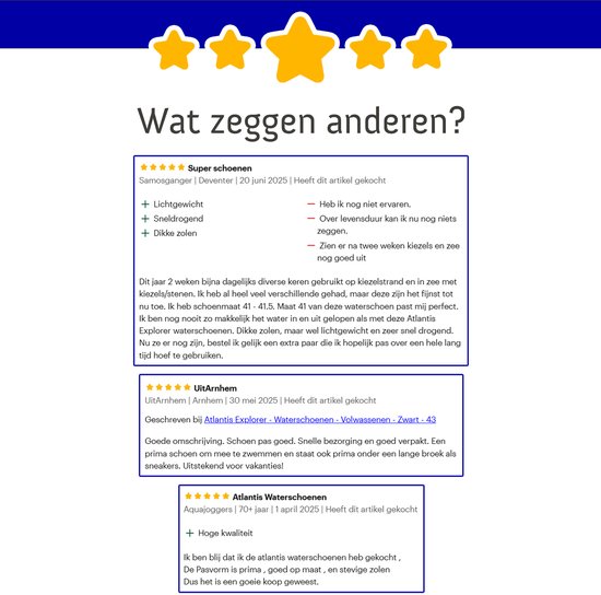 Screenshot van klantbeoordelingen voor Atlantis waterschoenen.