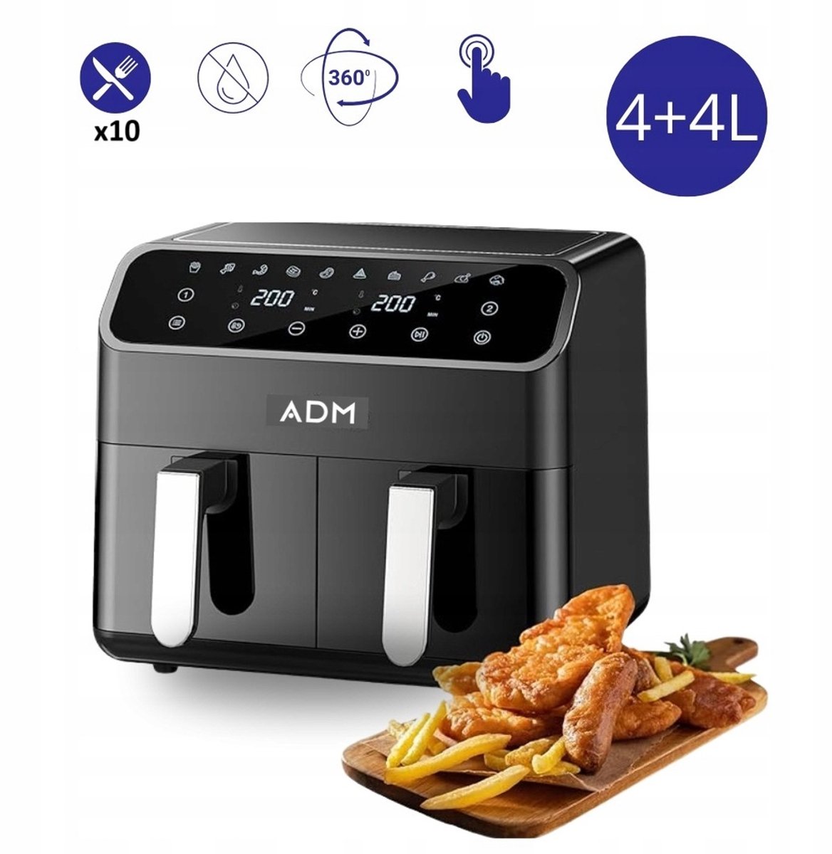 ADM Airfryer Dubbele Mand – 8L – 2000W – Heteluchtfriteuse – 2-in-1 – Zwart