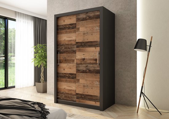Promeubels - Kledingkast Miami - 120cm - Zwart mat - Old wood - Schuifdeur - Opbergkast