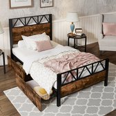HAUSS SPOLE Eenpersoonsbed 90x200 cm - Bed Met Opbergruimte En Lades - Stabiele Metaalconstructie - Lattenbodem 90x200 - Zwart + Walnoot