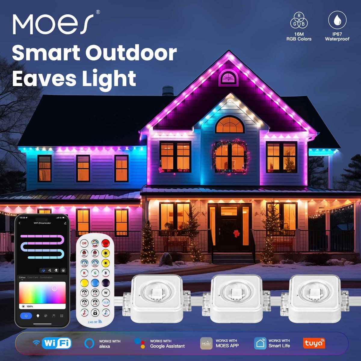 Moes lichtsnoer buiten | 15 mtr | IP67 | Wifi | incl. afstandbediening | Werkt op Tuya Smart en SmartLife | programma's én alle kleuren | slimme kerstverlichting