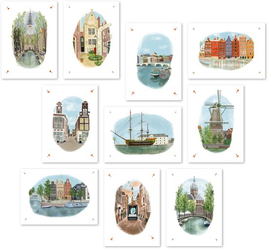 Studio-Mouche kaarten Amsterdam - wenskaarten - ansichtkaarten - kaarten - stad - set van 10 - handgeschilderd - zonder tekst