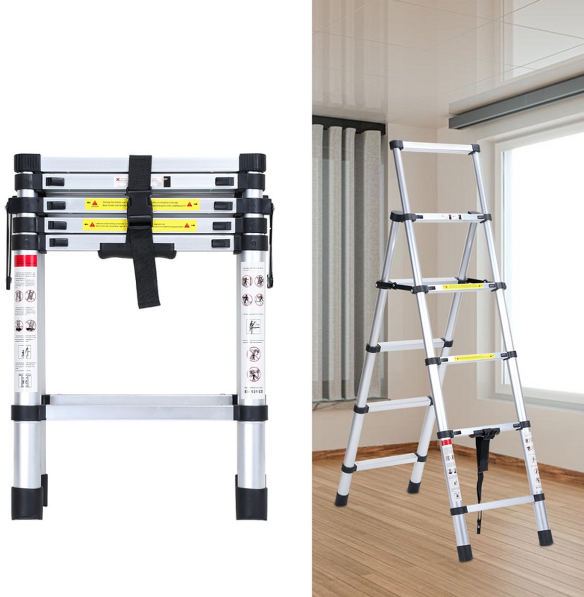 Eulenke Telescopische Ladder 1,4m+1,7m Aluminium Trapladder 4+5 Treden Draagbare Antislip Vouwladder, 150 kg Draagvermogen Staande Ladder, Aluminium Ladder voor Binnen, Buiten, Multifunctionele Ladder – foto 7