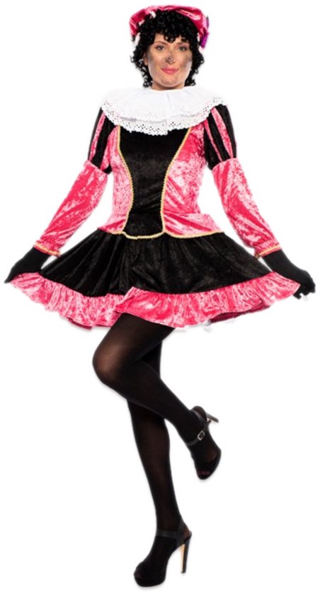 Zwart-roze Pietenjurk met fluwelen top, pofmouwen en ruche rok. Met witte kraag en baret.
