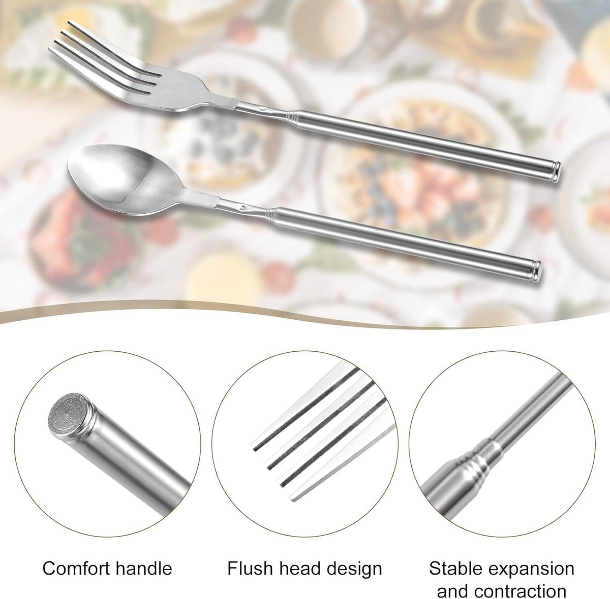 Vork met lange handgreep, voor avondeten, fruit, dessert, roestvrij staal, ergonomisch, modern, klassiek, voor BBQ, uittrekbaar