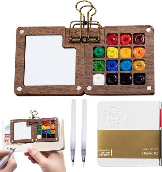 Foto: Draagbare schetsboek palet met 15 grids voor kunstenaars pocketartist reisset met houten mini aquarelpalet ideaal voor onderweg tekenen handig voor kunstliefhebbers