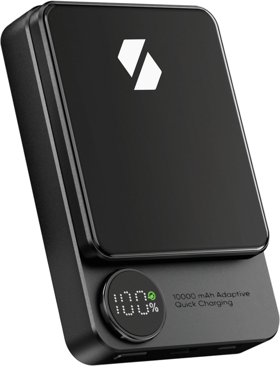 Siltcon® Draadloze Powerbank 10000 mAh – Geschikt voor Magsafe Powerbank - 20W Snelladen & LED-Display - USB-C - Geschikt voor 12/13/14/15/16 - Noodpakket - Inc. Extra Magneetstrip - Zwart - Siltcon® - €27,95