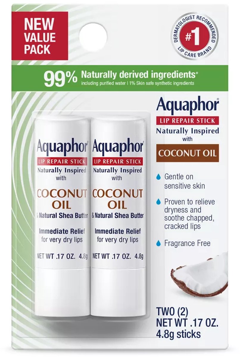 Aquaphor Lip Repair Stick Coconut – Directe Verlichting voor Droge Lippen – Met Natuurlijke Kokosgeur – 9.6 g