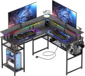 Gaming Bureau met LED Verlichting - 136x118x88 cm - L-Vormig Game Bureau met Stopcontact - Stopcontact - Gaming Desk - Computer Tafel - Gaming Tafel - Zwart Bureau voor Gamen, Studeren en Werken