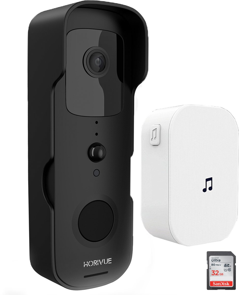 HoriVue Slimme Video Deurbel met Camera en Wifi – Inclusief 32GB SD kaart – 1080P – Twee weg audio – T-ring Geluid - Zonder Abonnement – Waterdicht - Draadloos – Incl Batterijen & Binnenbel