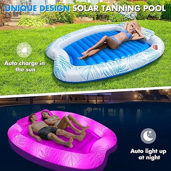 Matelas gonflable pour piscine avec lumière colorée, piscine solaire, matelas gonflable pour adultes, vacances, piscine, salon, gonflable avec porte-gobelet et appui-tête, matelas gonflable, pour 2 personnes