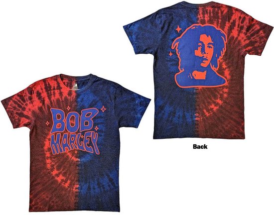 T-shirt met tie-dye in rood en blauw, met Bob Marley-tekst op de voorkant en Bob Marley's portret op de achterkant.