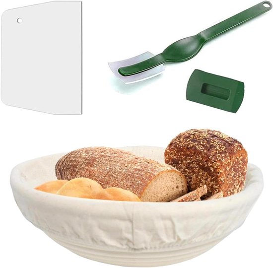 Foto: Ronde gistingsmand set 25 cm handgemaakte mand voor brood bakken inclusief deegschraper en broodmes ideaal voor thuisbakkers met brooddeeg 85 cm hoogte