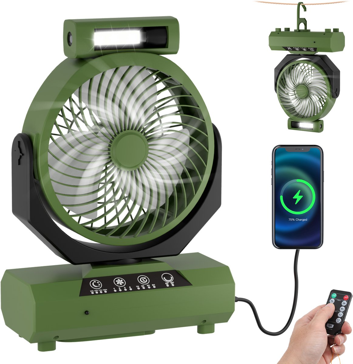 Camping Ventilator - Tent Ventilator - Draagbare Ventilator - Mini Ventilator - Tent Verlichting - Kleine Ventilator - Camping Verlichting & Powerbank - USB Oplaadbaar - LED Licht - Met afstandsbediening- Groen